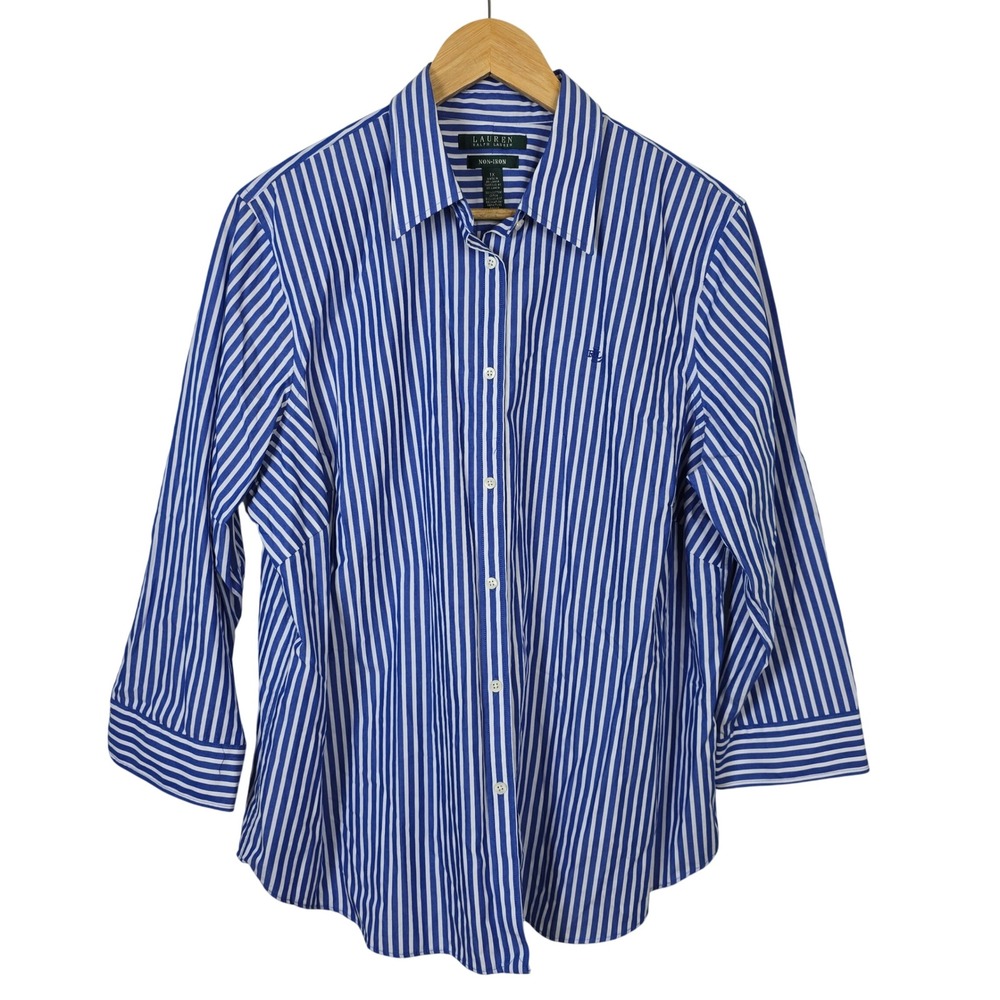 Lauren Ralph Lauren Blue White Striped Non-Iron Button Down Shirt Womens 1X